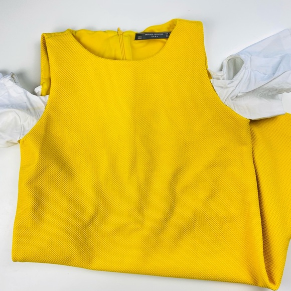 Zara Collection Yellow Ribbed Contrast White Off Shoulder Bardot Shift Dress - Picture 6 of 15
